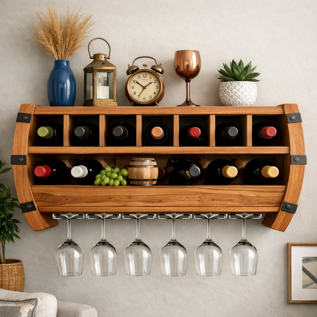 Barrello Barrel Style Solid Wood Wine Rack Shelf For Dining Room