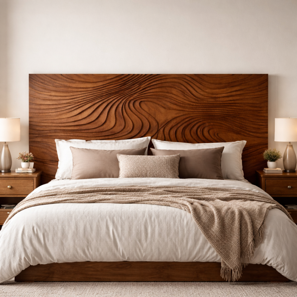 Handcrafted Solid Wood Headboard, Sculpted Wave Panel Bed Headboard