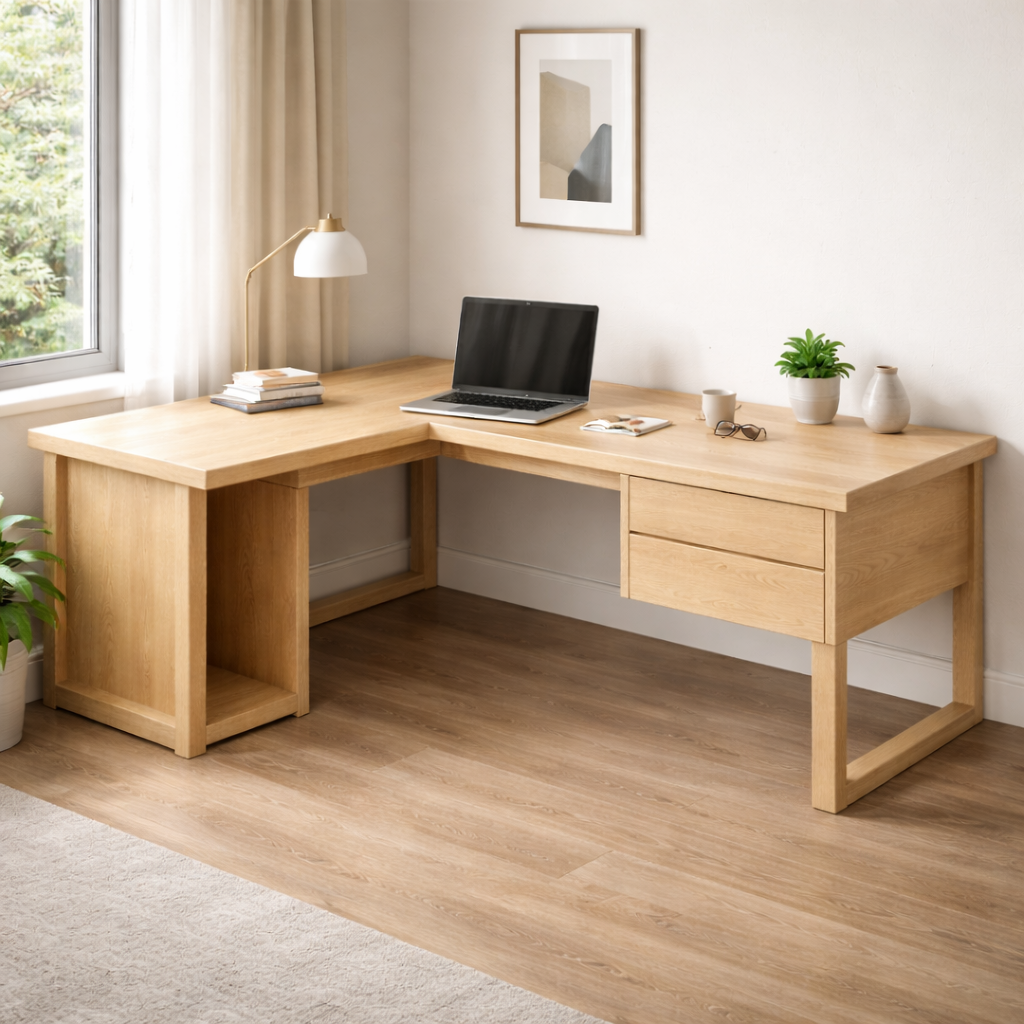 Handcrafted Solid Wood L Shaped Corner Desk With Drawers