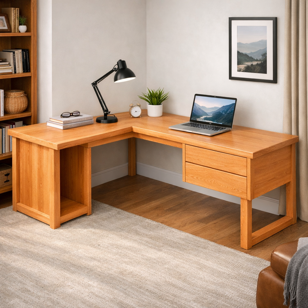 Handcrafted Solid Wood L Shaped Corner Desk With Drawers