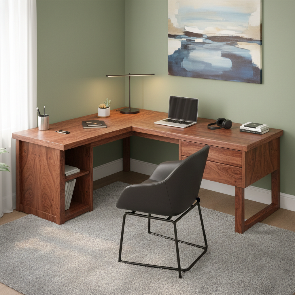 Handcrafted Solid Wood L Shaped Corner Desk With Drawers