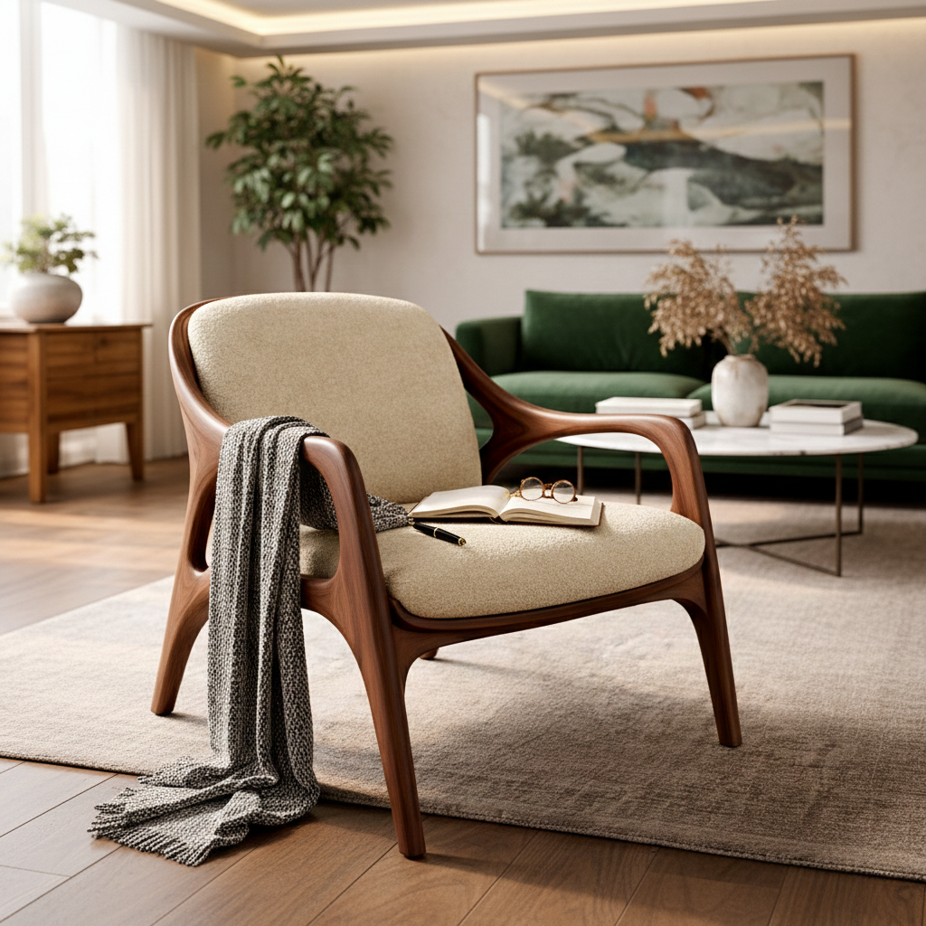Solenne Sculptural Solid Wood Lounge Chair For Living Room