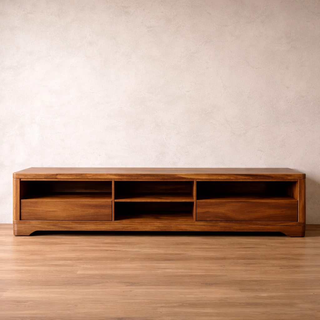 Handcrafted Solid Wood Media Console With Open Shelves And Drawers