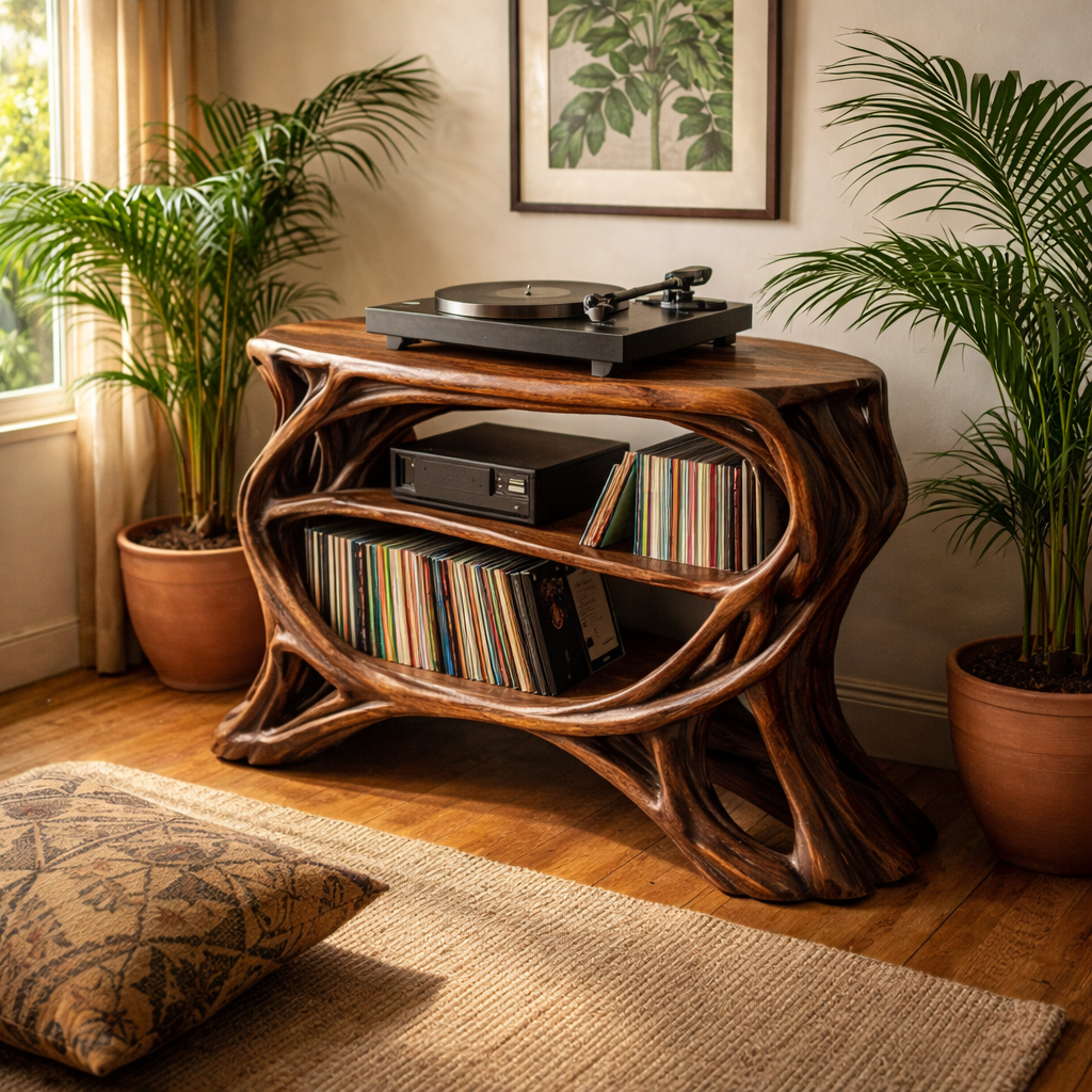 Handcrafted Solid Wood Record Player Stand, Organic Vinyl Storage Console