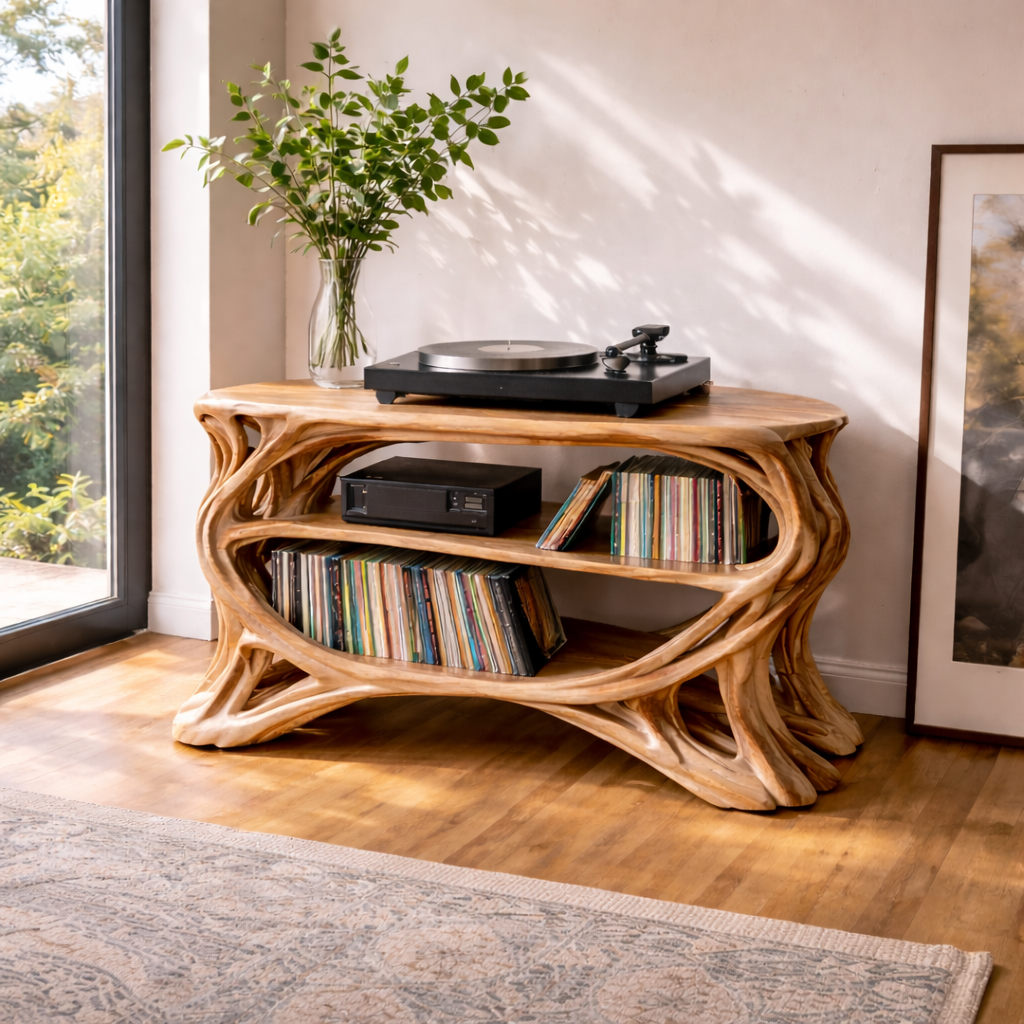 Handcrafted Solid Wood Record Player Stand, Organic Vinyl Storage Console