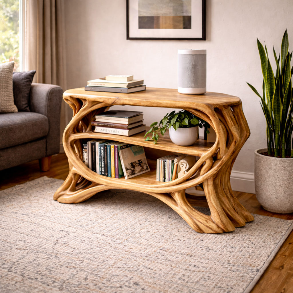 Handcrafted Solid Wood Record Player Stand, Organic Vinyl Storage Console