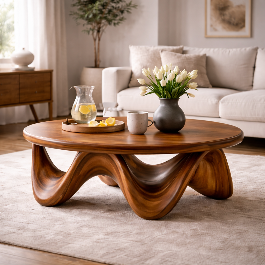 Handcrafted Solid Wood Round Coffee Table With Sculptural Wave Base