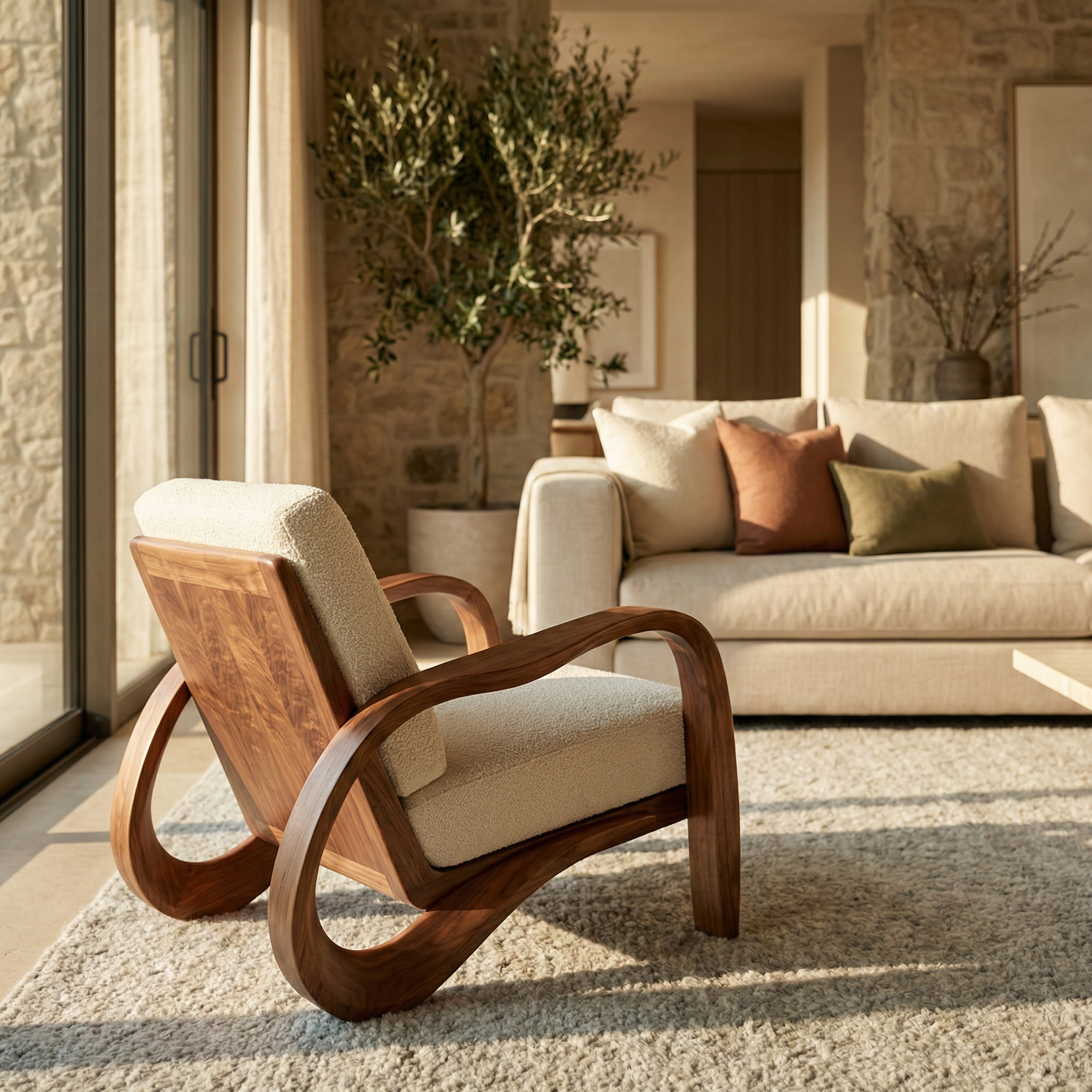 Handcrafted Solid Wood Sculptural Lounge Chair, Curved Arm Accent Seat