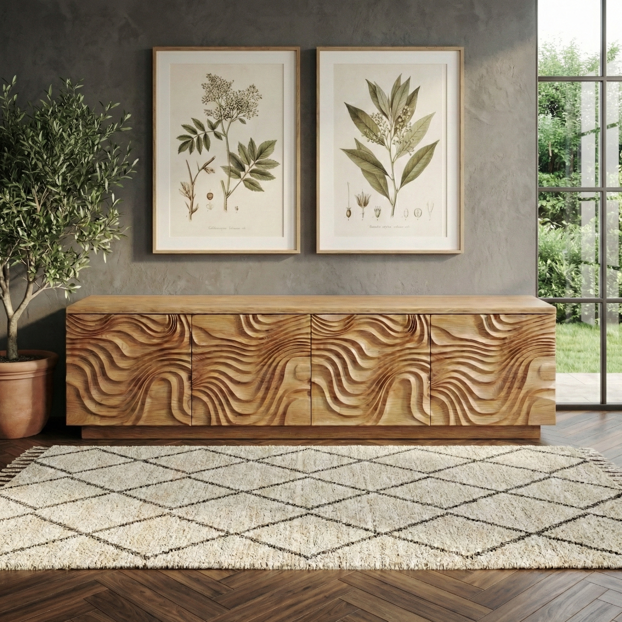 Handcrafted Solid Wood Shoe Bench Cabinet With Sculpted Wave Doors