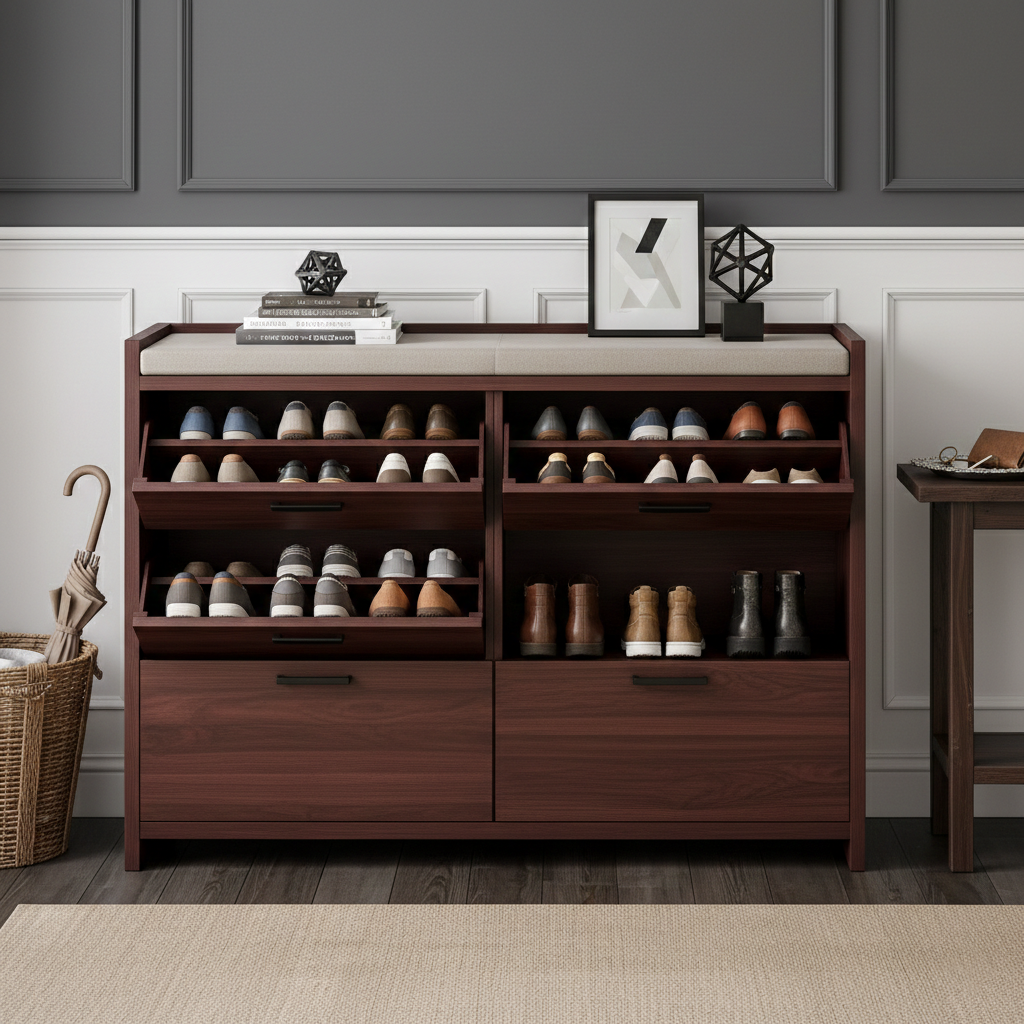 Handcrafted Solid Wood Shoe Cabinet With Tilted Drawers and Storage