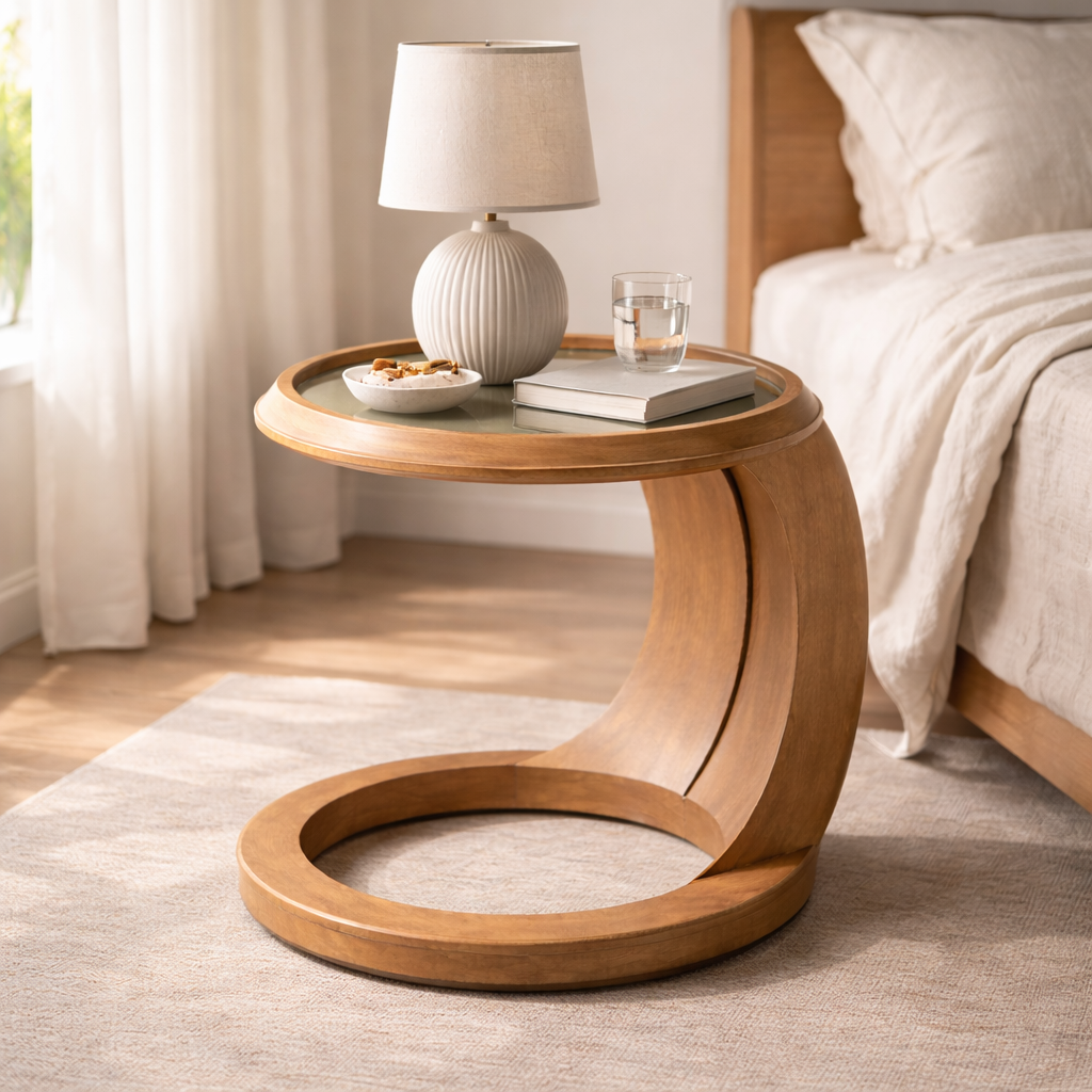 Handcrafted Solid Wood Side Table, Curved C-Shaped Glass Top Table