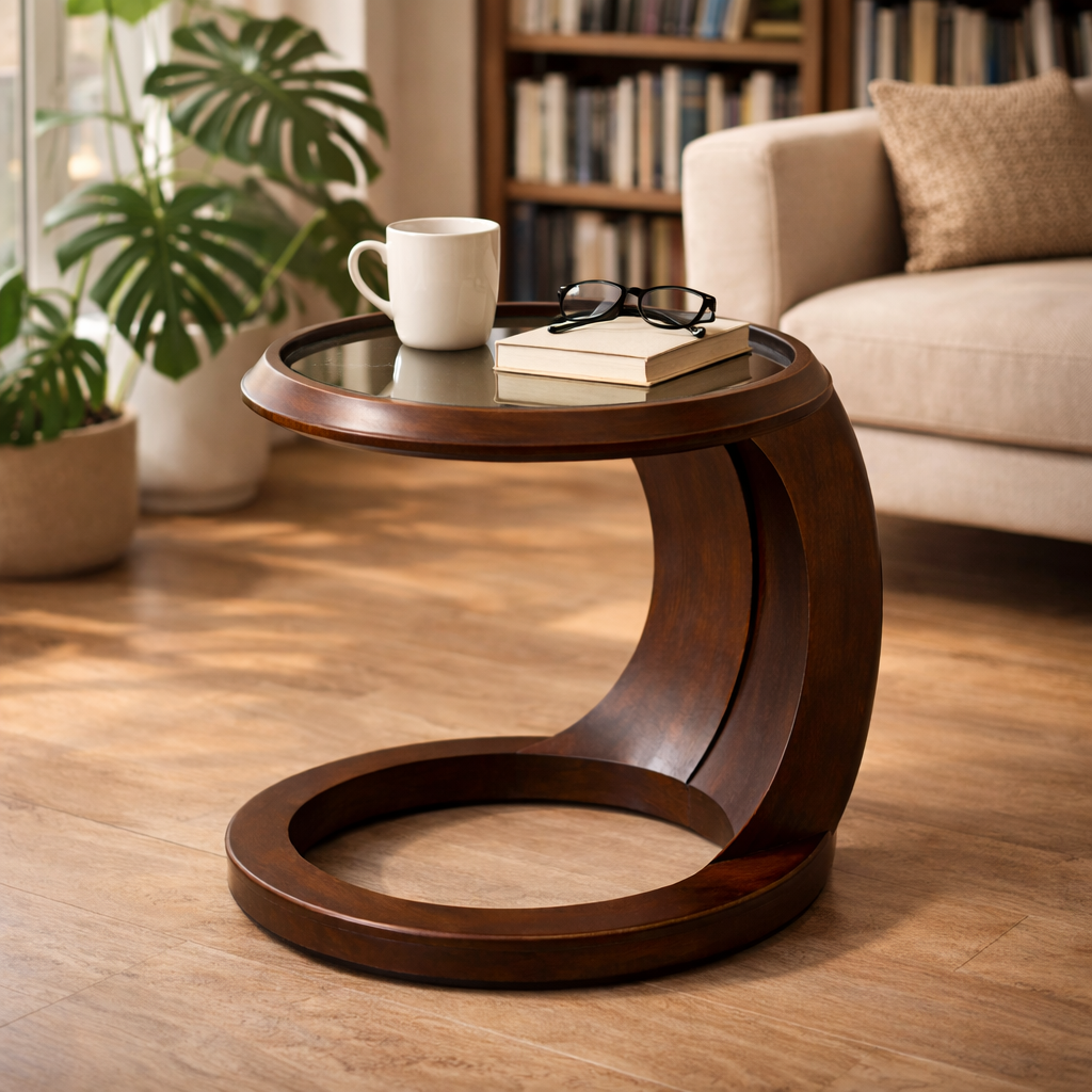 Crescon C-Shaped Solid Wood Side Table With Glass For Living Room