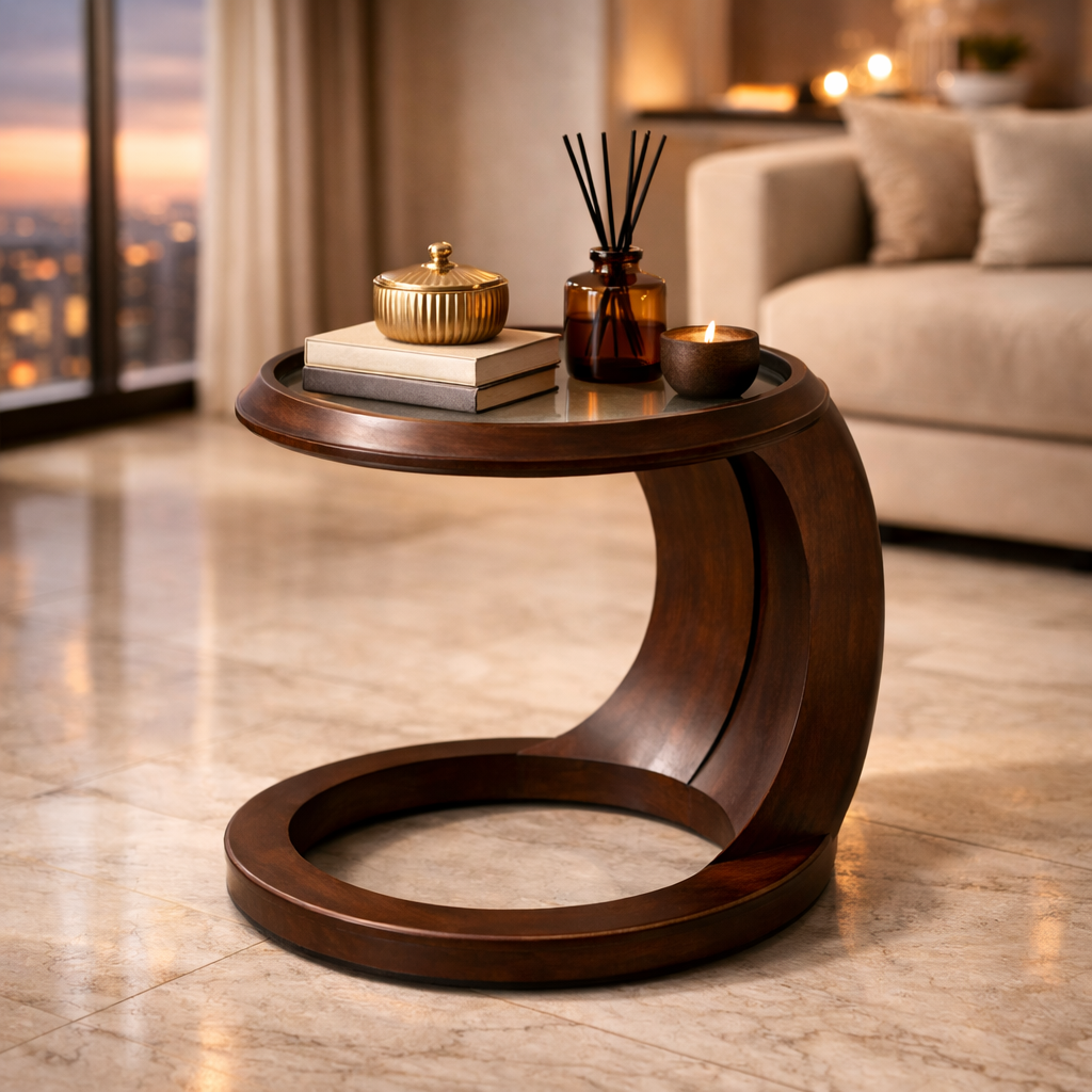 Crescon C-Shaped Solid Wood Side Table With Glass For Living Room