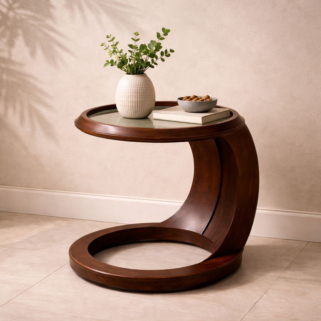 Crescon C-Shaped Solid Wood Side Table With Glass For Living Room
