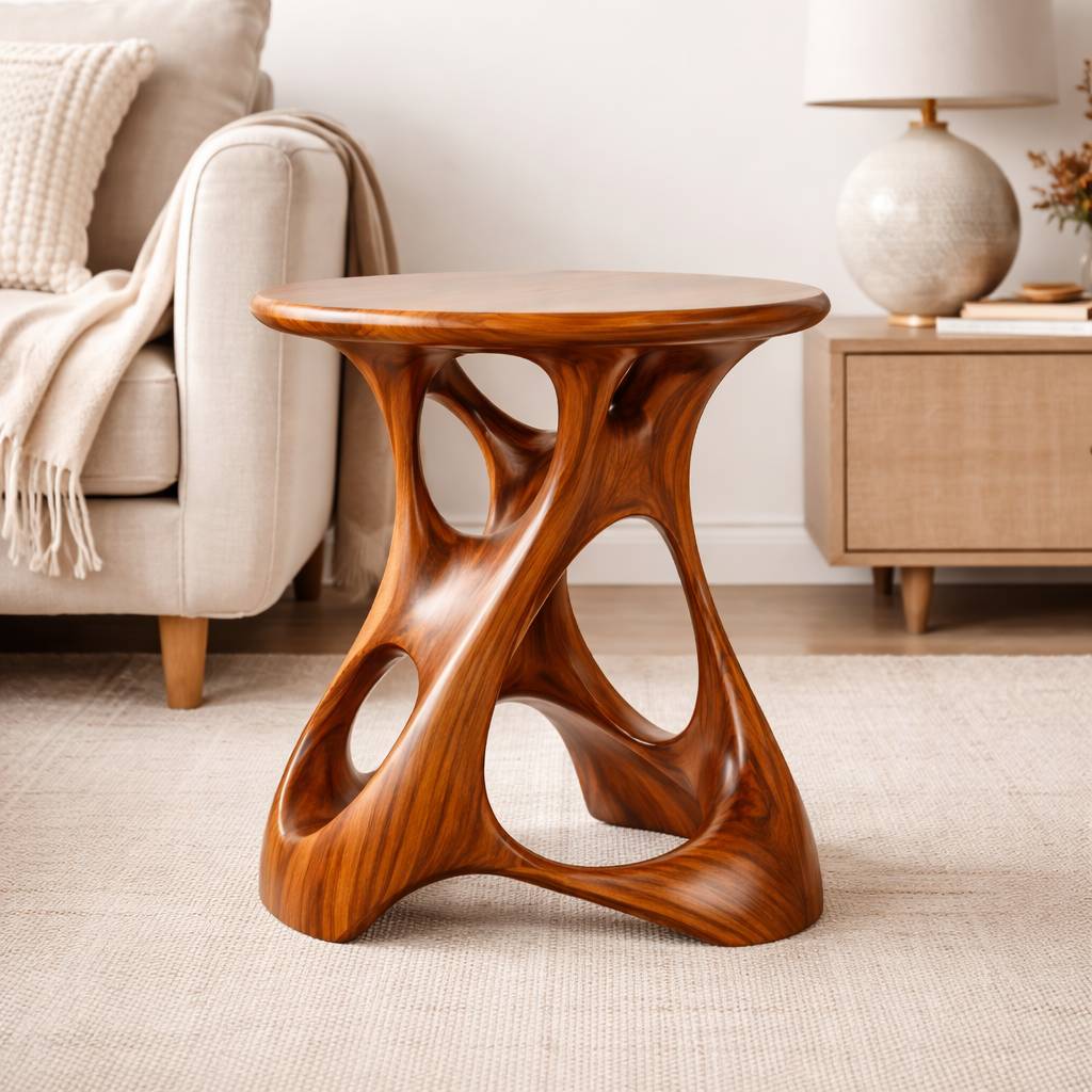 Handcrafted Solid Wood Side Table With Sculptural Open Base