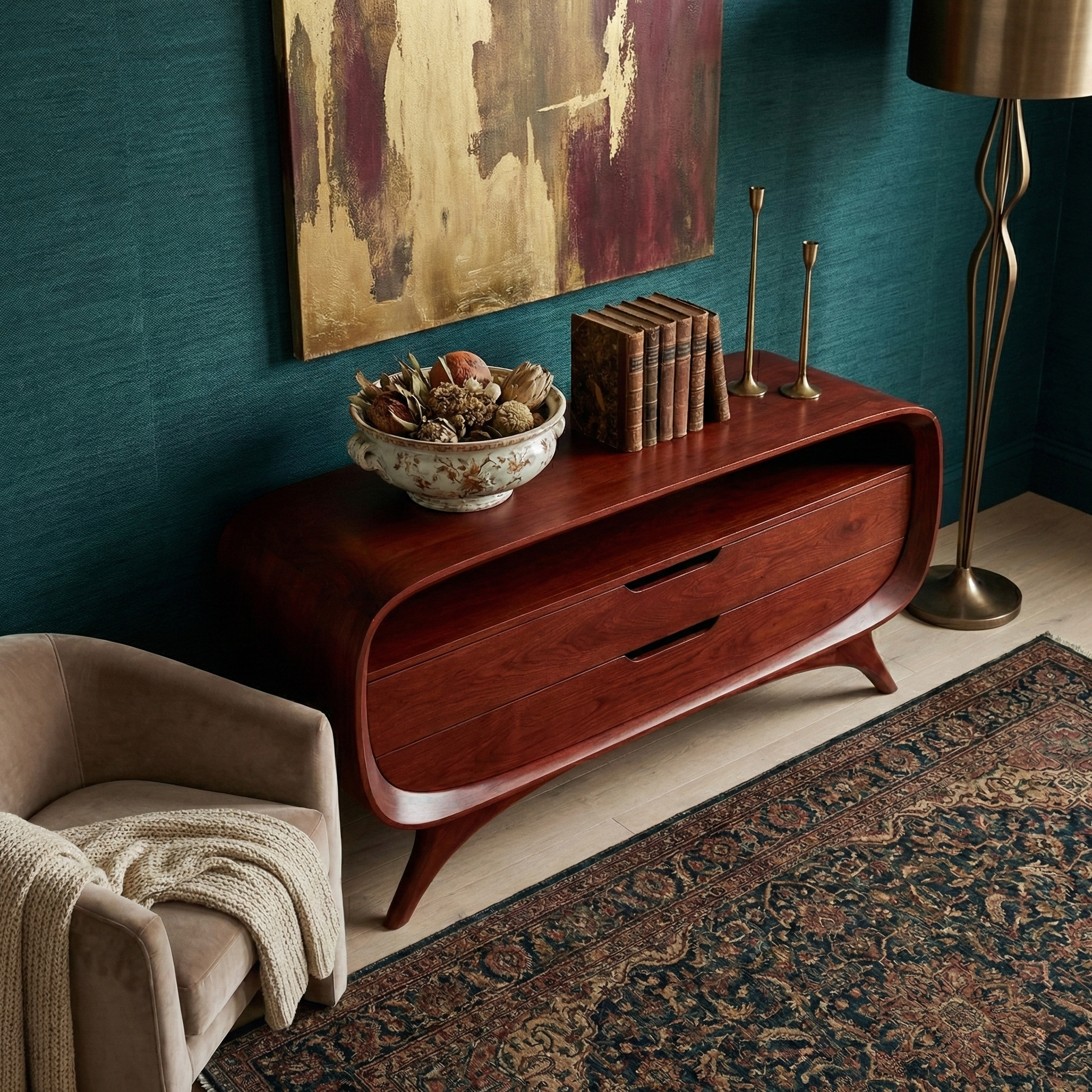 Ovaline Mid Century Solid Wood Sideboard For Dining Room