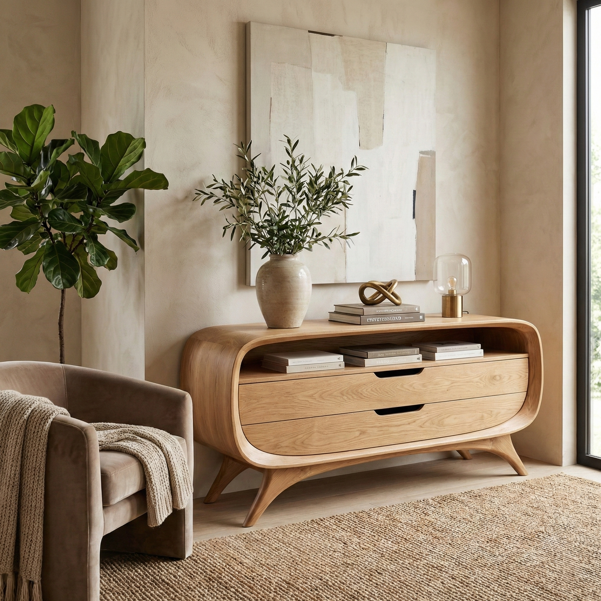 Ovaline Mid Century Solid Wood Sideboard For Dining Room