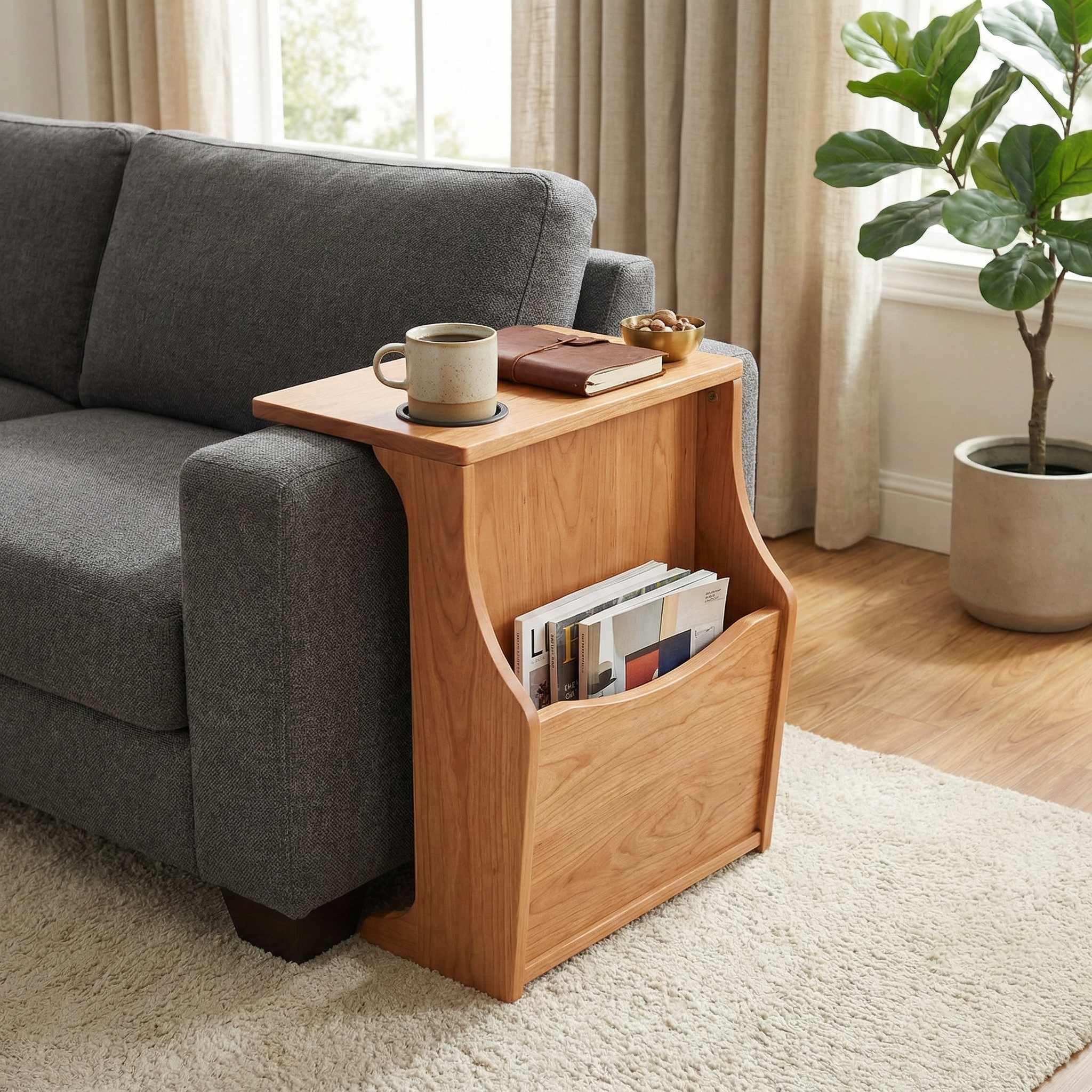 Handcrafted Solid Wood Sofa Armrest Table, Cup Holder Side Caddy