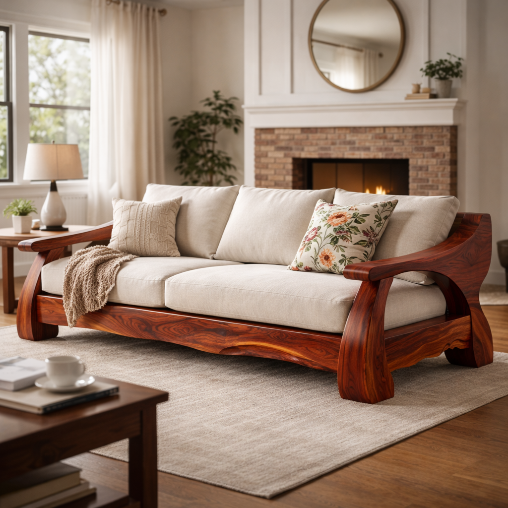 Fravello Sculptural Frame Solid Wood Sofa For Living Room