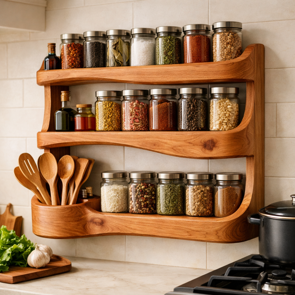 Spicero Solid Wood Wall Spice Rack For Kitchen