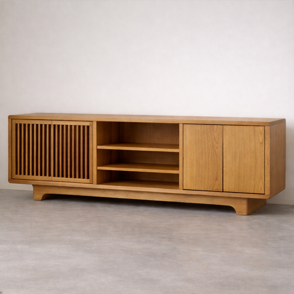 Handcrafted Solid Wood TV Cabinet With Slatted Doors and Open Shelving