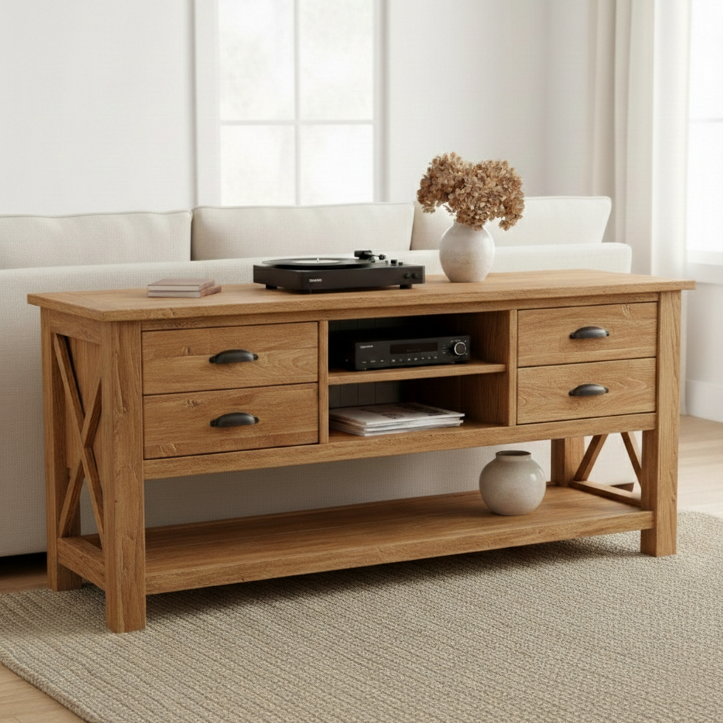 Handcrafted Solid Wood TV Console With Drawers And Open Shelving