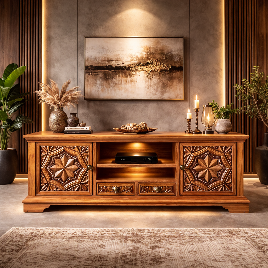 Handcrafted Solid Wood TV Console With Intricate Carved Doors and Open Storage