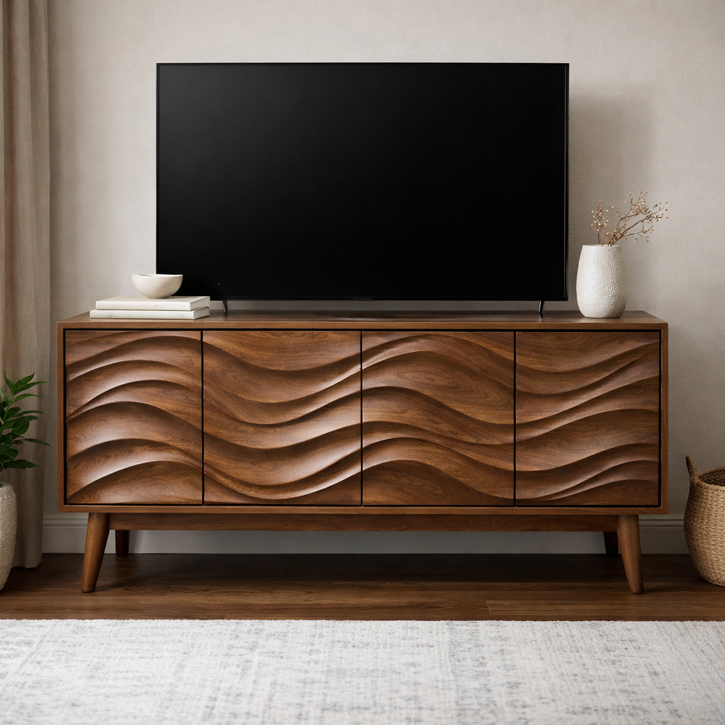 Handcrafted Solid Wood TV Stand, 4-Door Sculpted Front