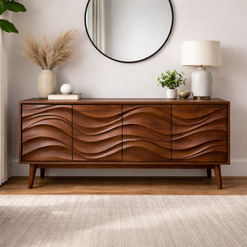 Handcrafted Solid Wood TV Stand, 4-Door Sculpted Front
