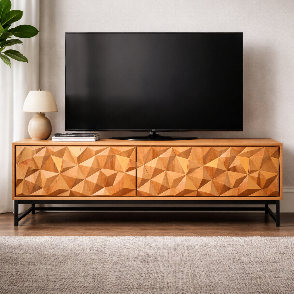 Handcrafted Solid Wood TV Stand Cabinet With Faceted Geometric Front