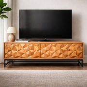 Handcrafted Solid Wood TV Stand Cabinet With Faceted Geometric Front