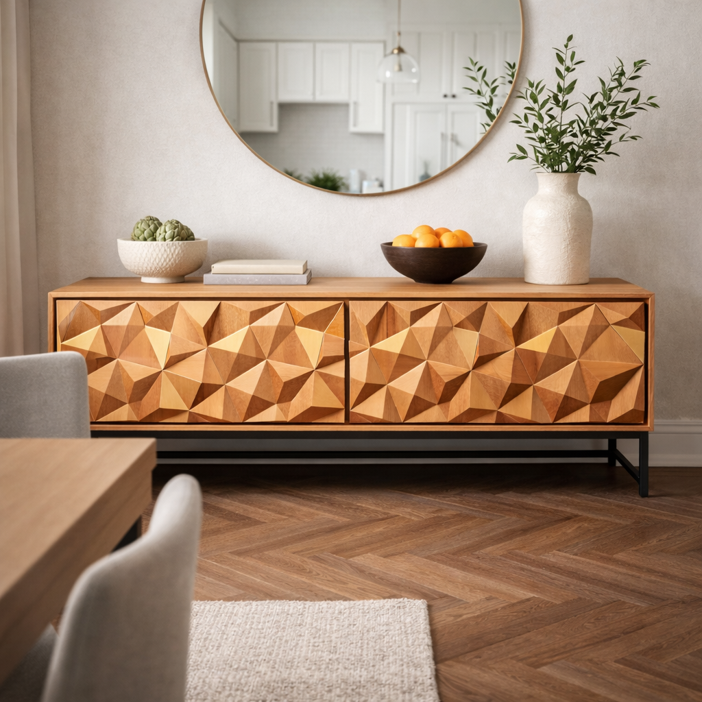 Handcrafted Solid Wood TV Stand Cabinet With Faceted Geometric Front