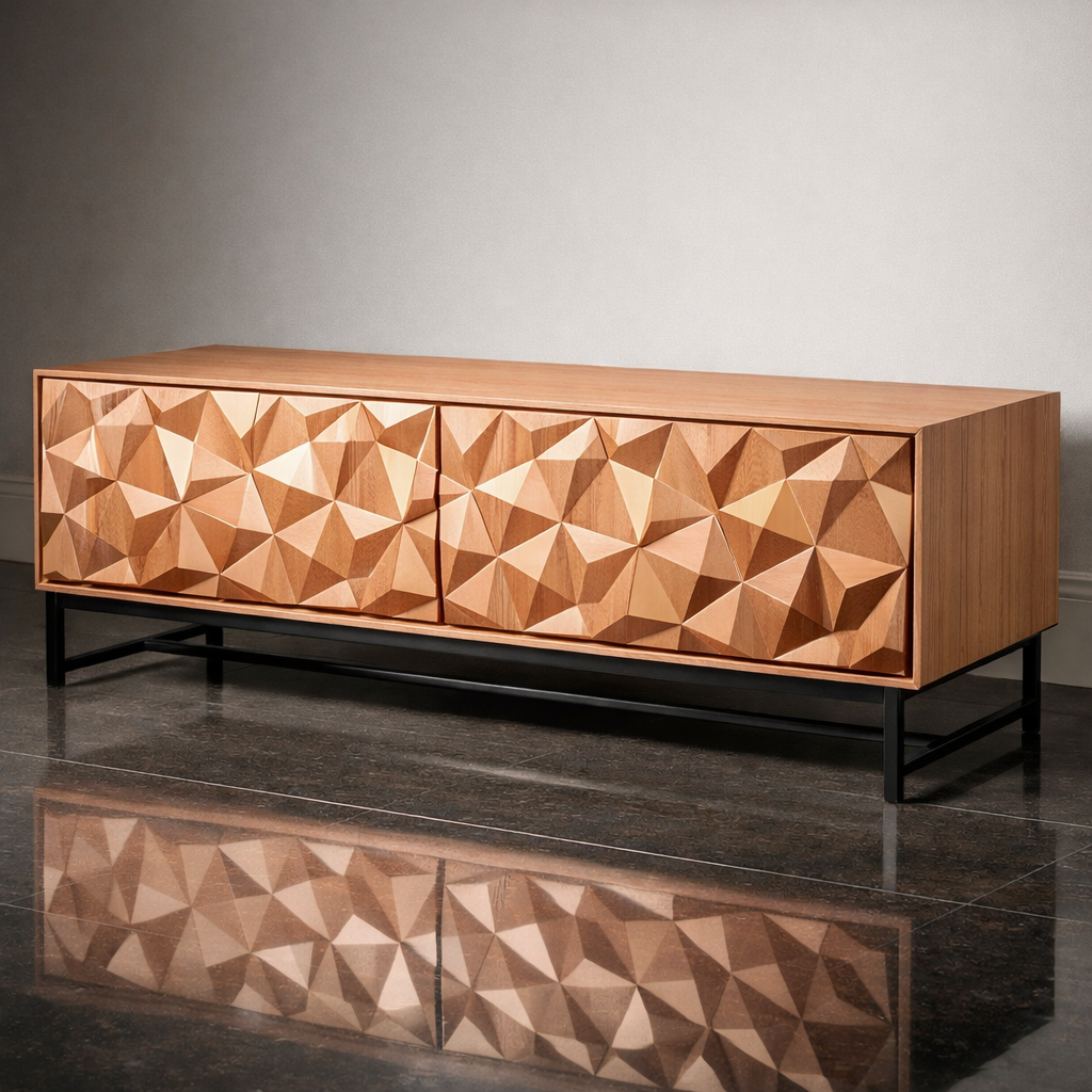 Handcrafted Solid Wood TV Stand Cabinet With Faceted Geometric Front
