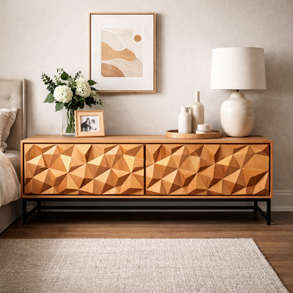 Handcrafted Solid Wood TV Stand Cabinet With Faceted Geometric Front