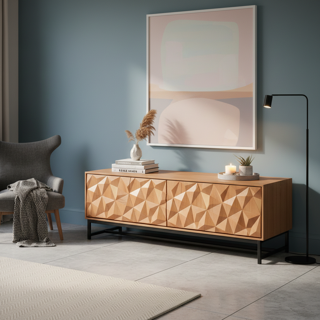 Handcrafted Solid Wood TV Stand Cabinet With Faceted Geometric Front