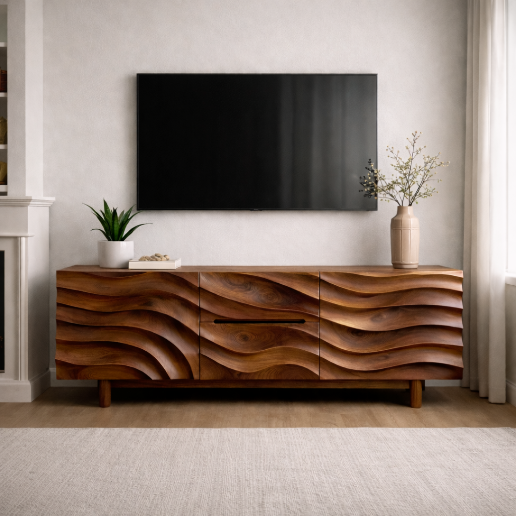 Handcrafted Solid Wood TV Stand Cabinet With Sculpted Wave Front