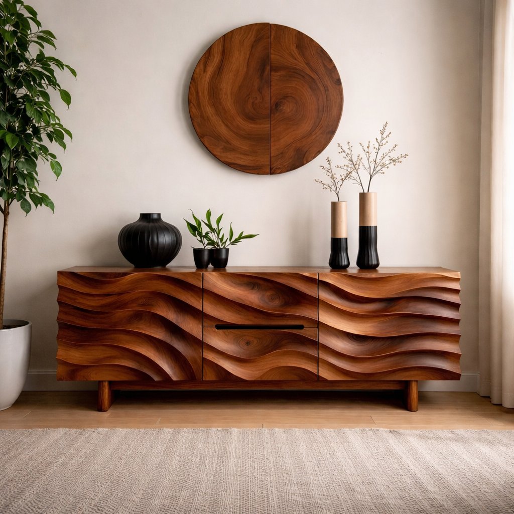 Handcrafted Solid Wood TV Stand Cabinet With Sculpted Wave Front