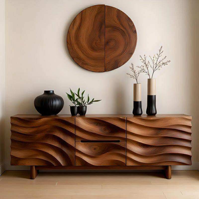 Handcrafted Solid Wood TV Stand Cabinet With Sculpted Wave Front