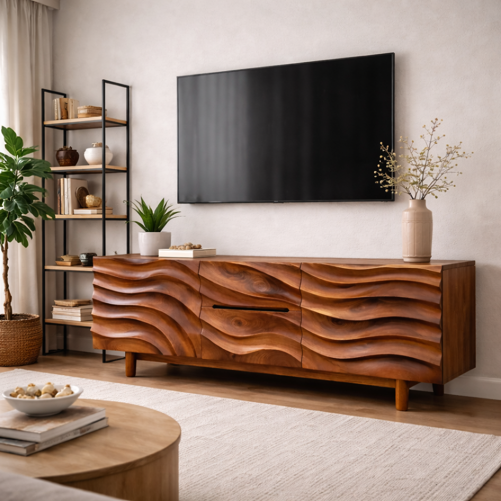 Handcrafted Solid Wood TV Stand Cabinet With Sculpted Wave Front
