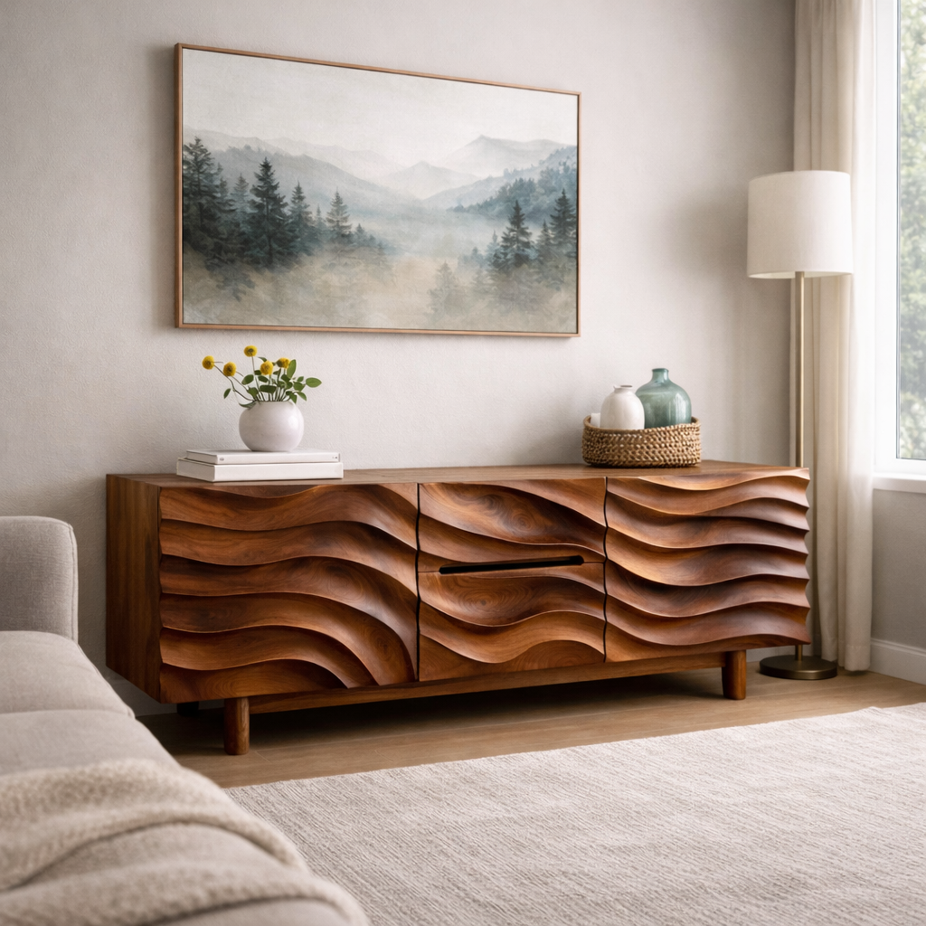 Handcrafted Solid Wood TV Stand Cabinet With Sculpted Wave Front