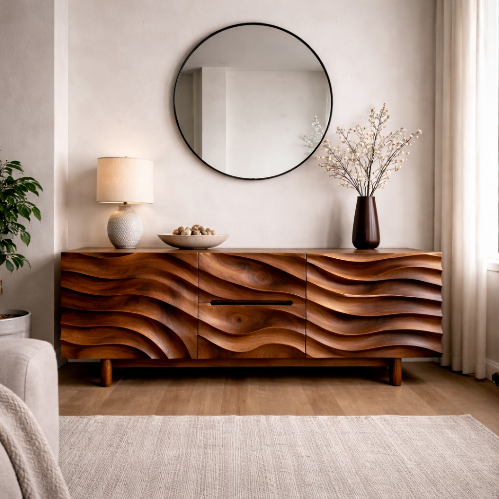 Handcrafted Solid Wood TV Stand Cabinet With Sculpted Wave Front
