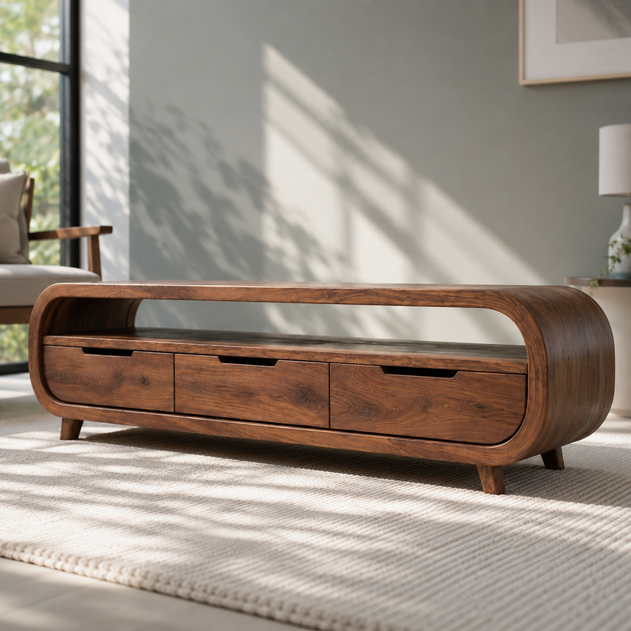 Rondel Rounded Frame Solid Wood TV Console With Drawers For Living Room