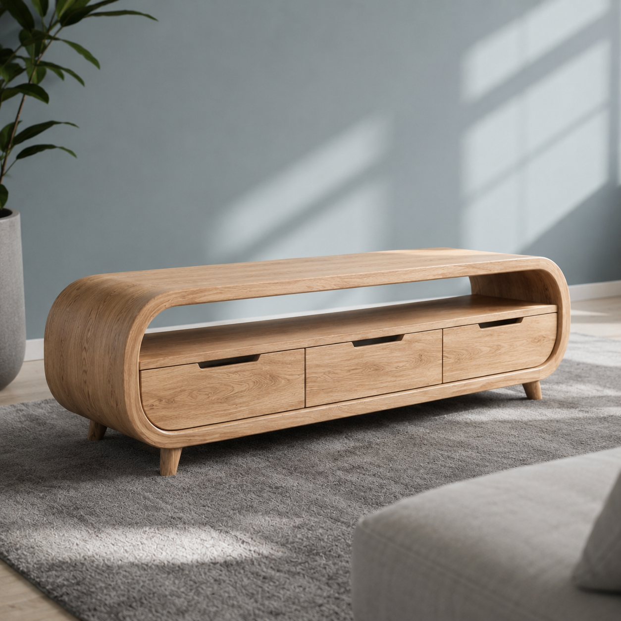 Rondel Rounded Frame Solid Wood TV Console With Drawers For Living Room