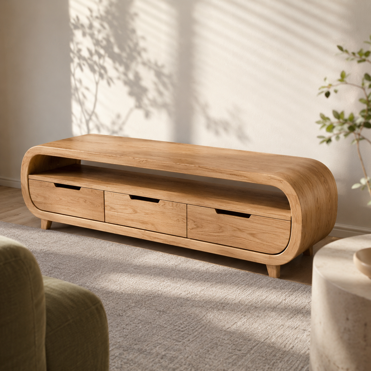 Rondel Rounded Frame Solid Wood TV Console With Drawers For Living Room