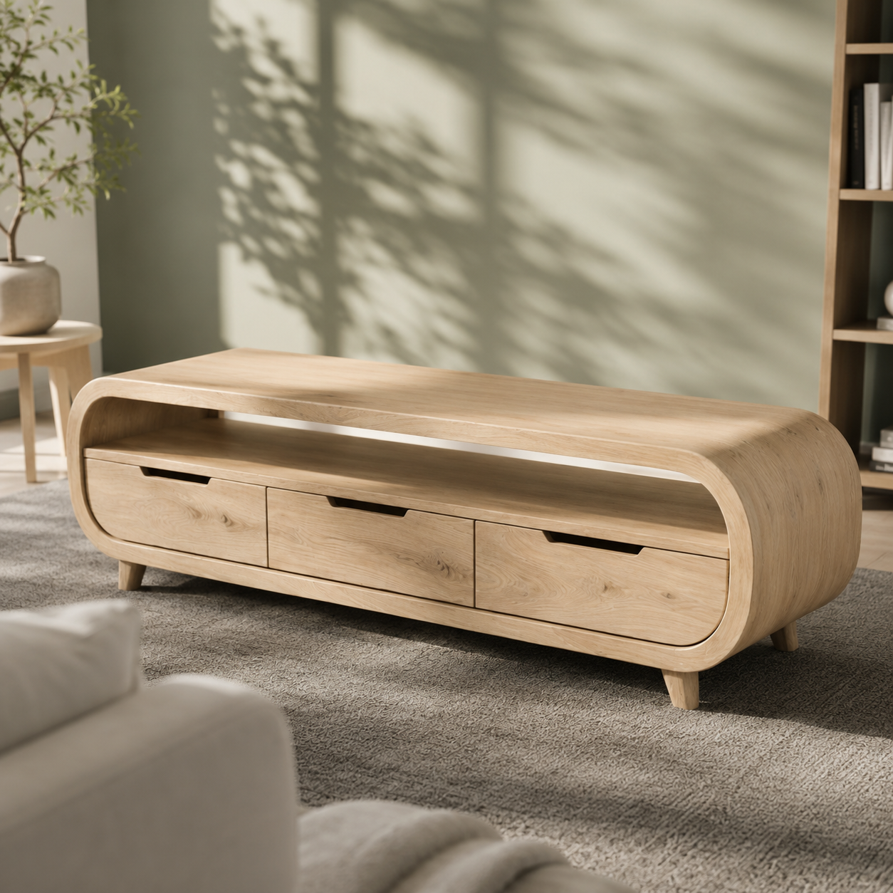 Rondel Rounded Frame Solid Wood TV Console With Drawers For Living Room