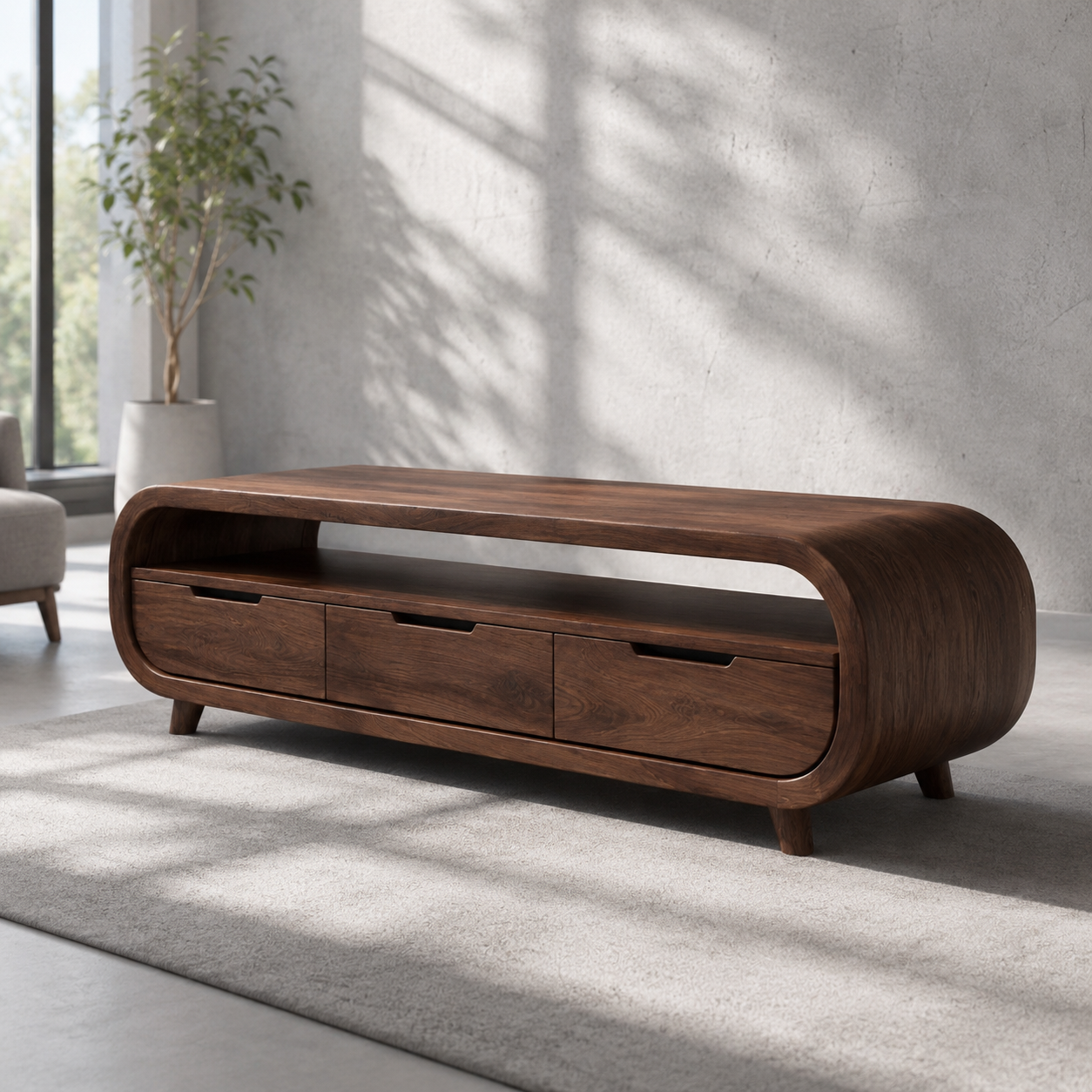 Rondel Rounded Frame Solid Wood TV Console With Drawers For Living Room