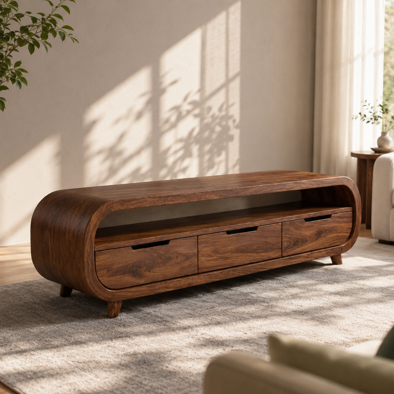 Rondel Rounded Frame Solid Wood TV Console With Drawers For Living Room