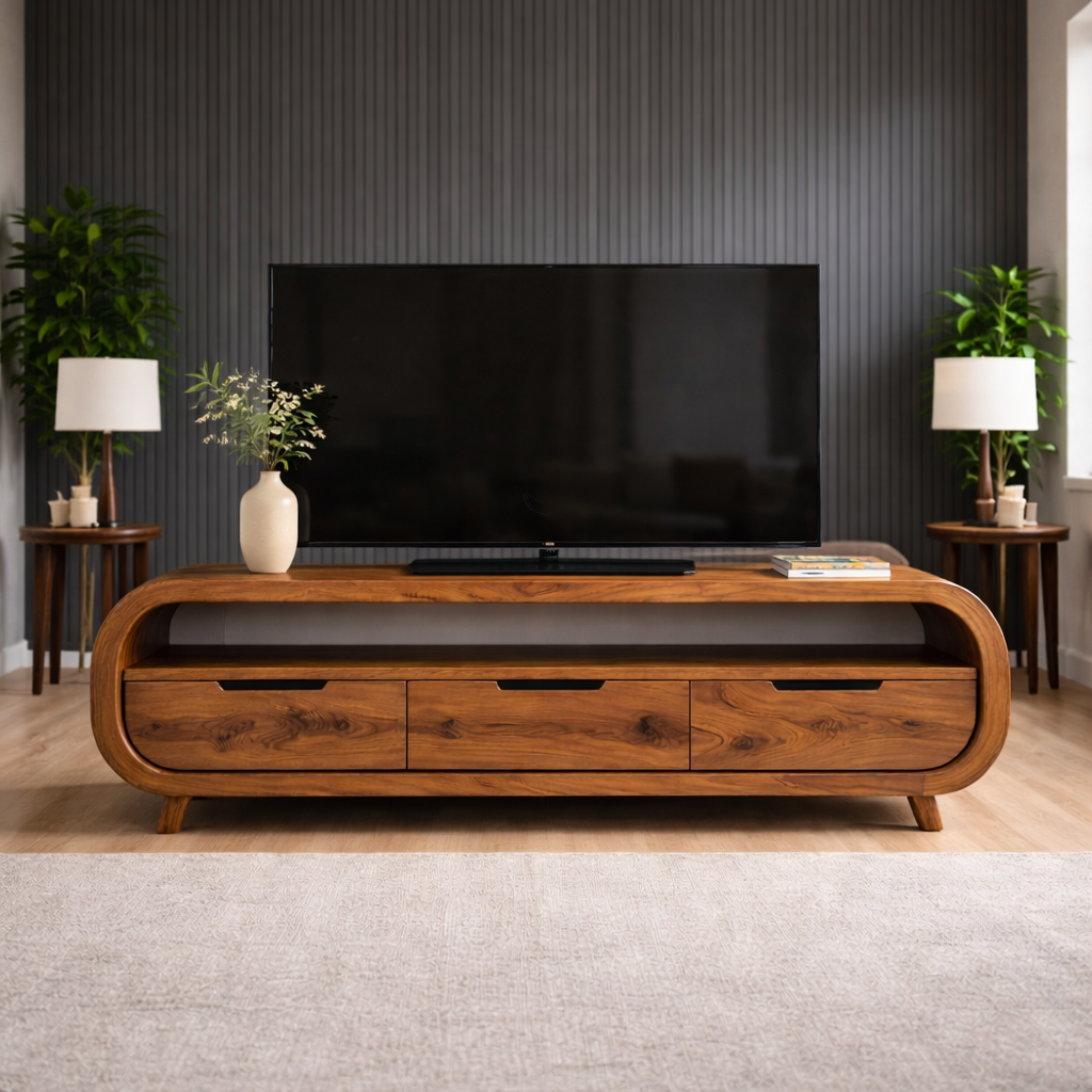 Handcrafted Solid Wood TV Stand With Rounded Frame And Drawers