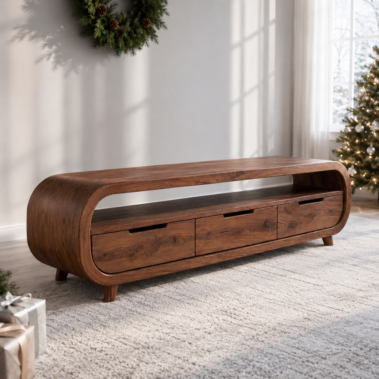 Rondel Rounded Frame Solid Wood TV Console With Drawers For Living Room