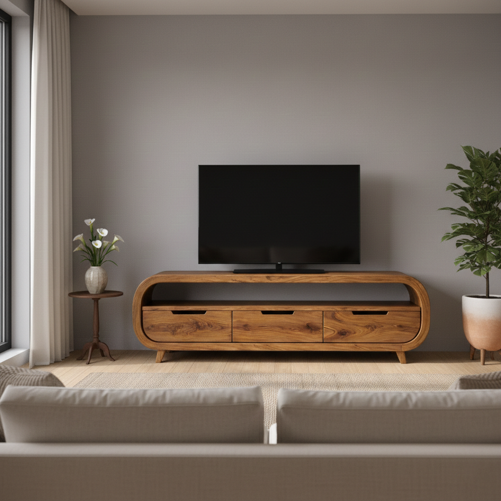 Handcrafted Solid Wood TV Stand With Rounded Frame And Drawers